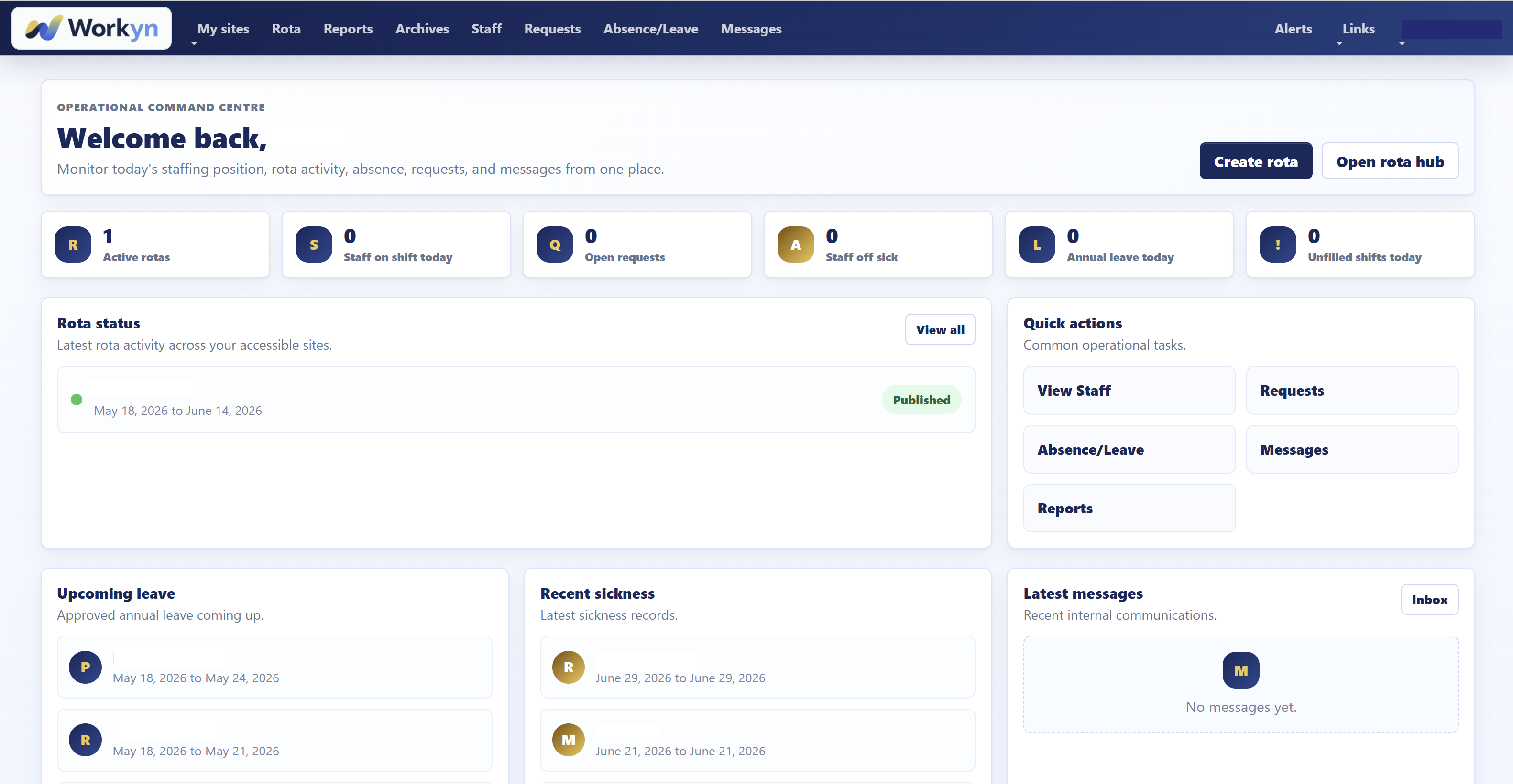 Workyn dashboard product screenshot with demo data obscured