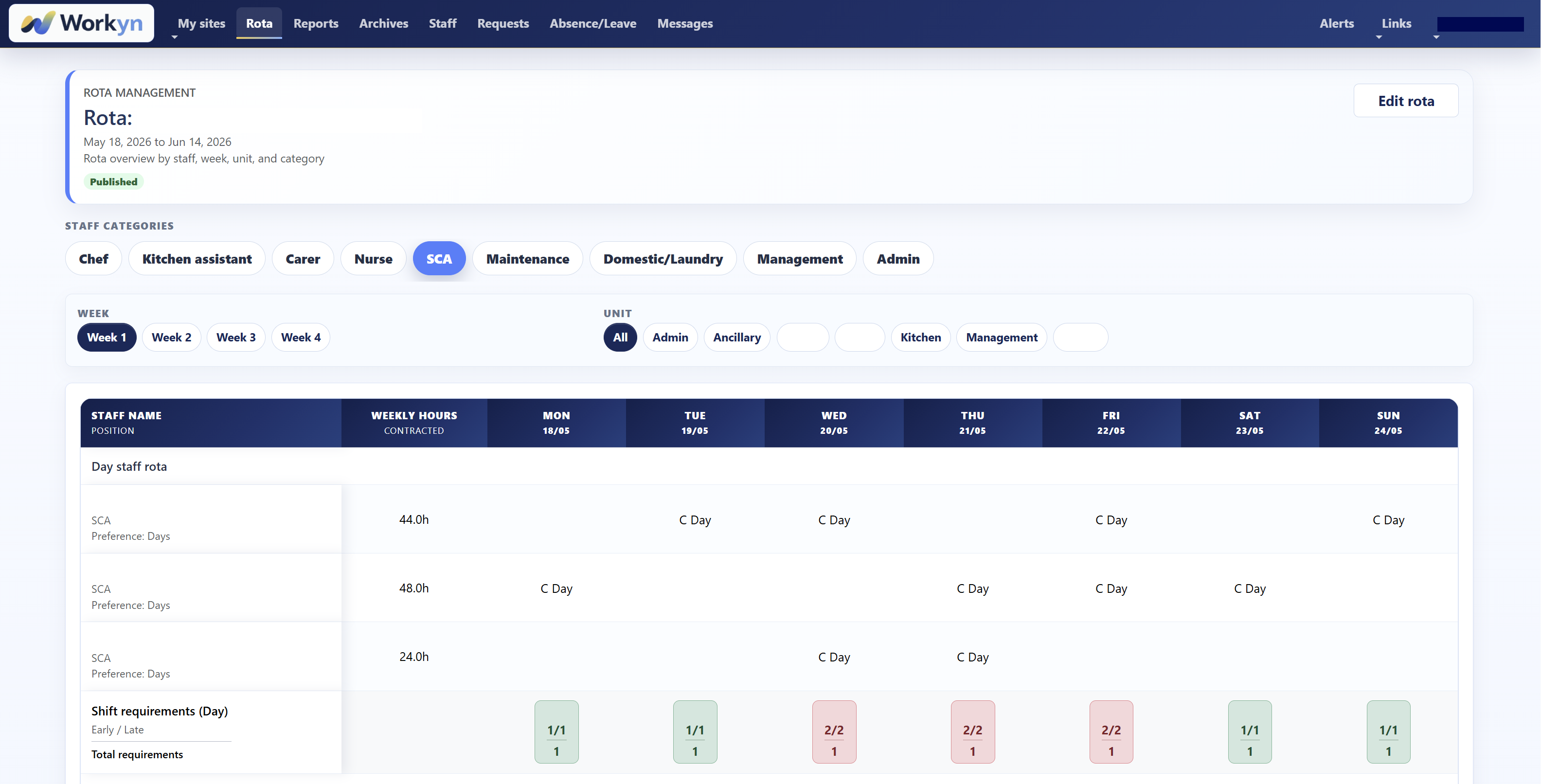Workyn rota management screenshot with demo data obscured