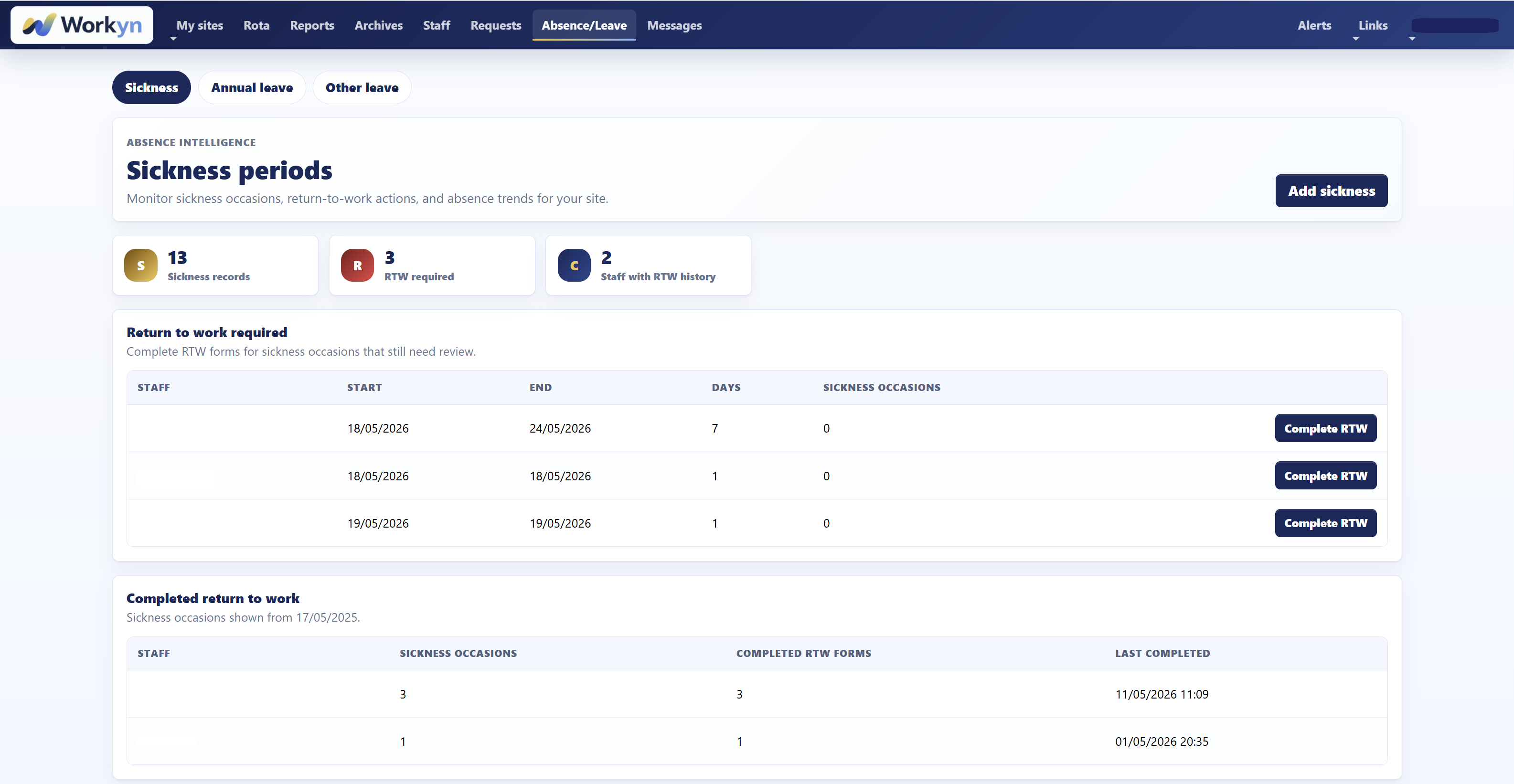 Workyn absence management screenshot with demo data obscured